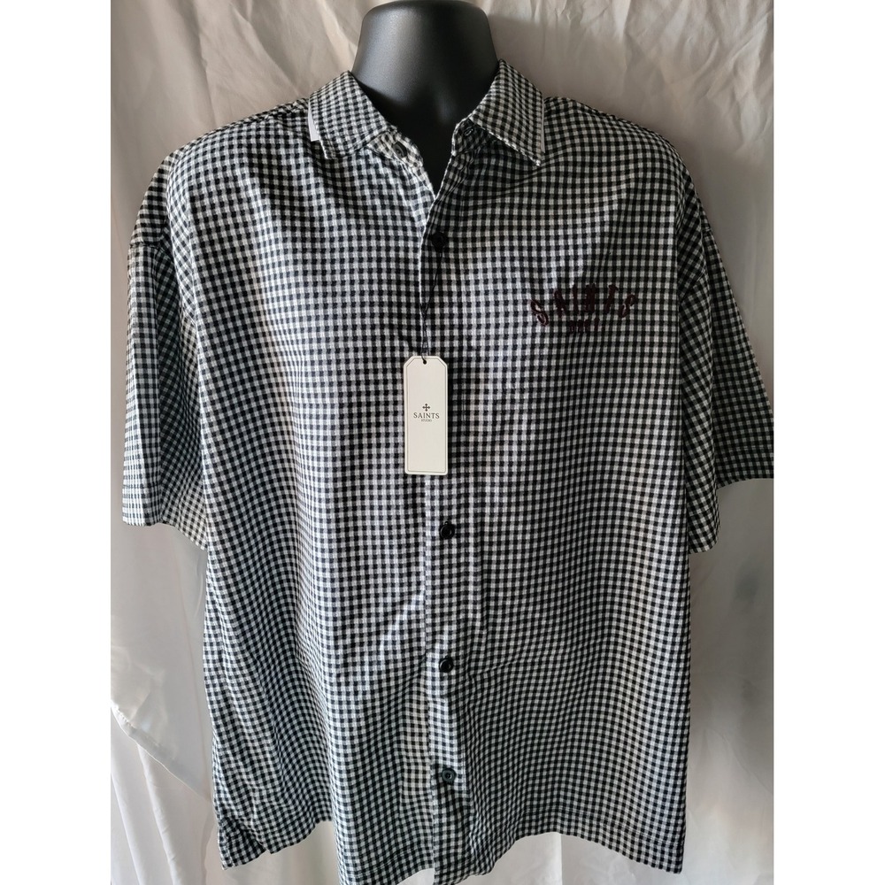 Saints‎ Studio Mens Gingham Motorcycle Graphic Button Down Shirt Black White 2XL